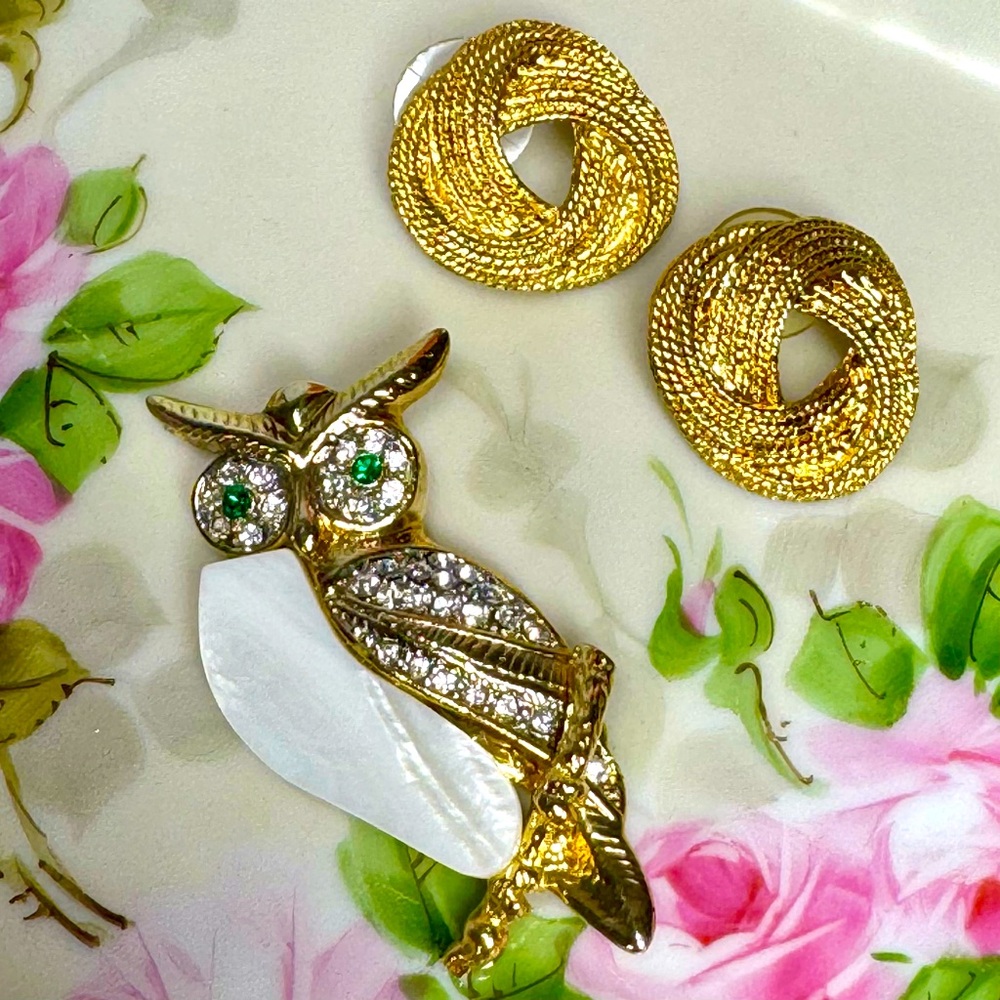Vintage Rhinestone & Mother of Pearl Owl Brooch with Gold Braid Earrings